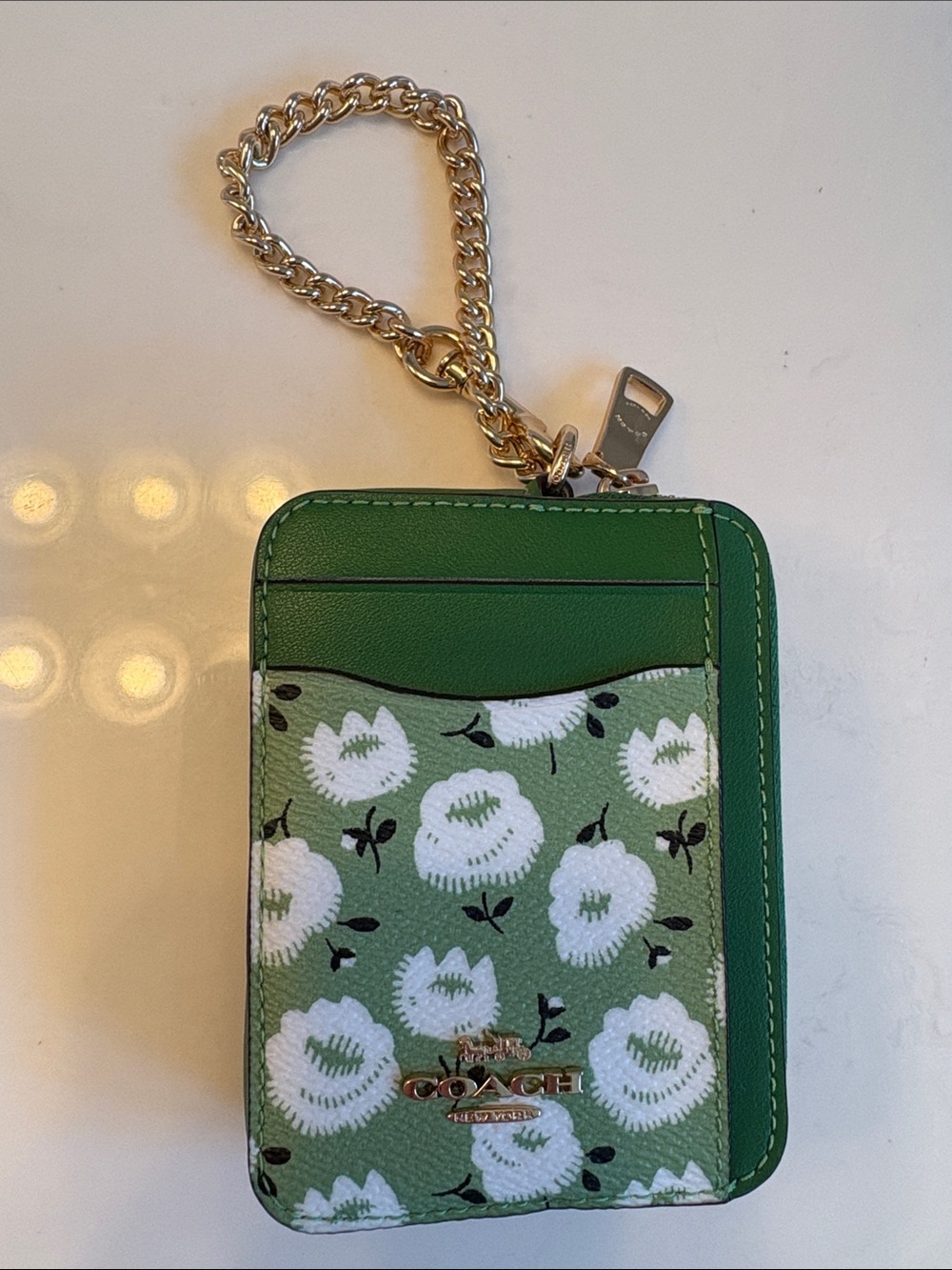 Coach Green Floral Card Holder with Gold Chain - Picture 3 of 6